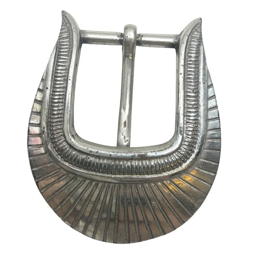Vintage TANMAN 1989 Silver Tone Western Belt Buckle Sunburst Engraved 1.5